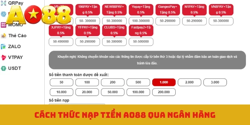 Cách thức nạp tiền AO88 qua ngân hàng